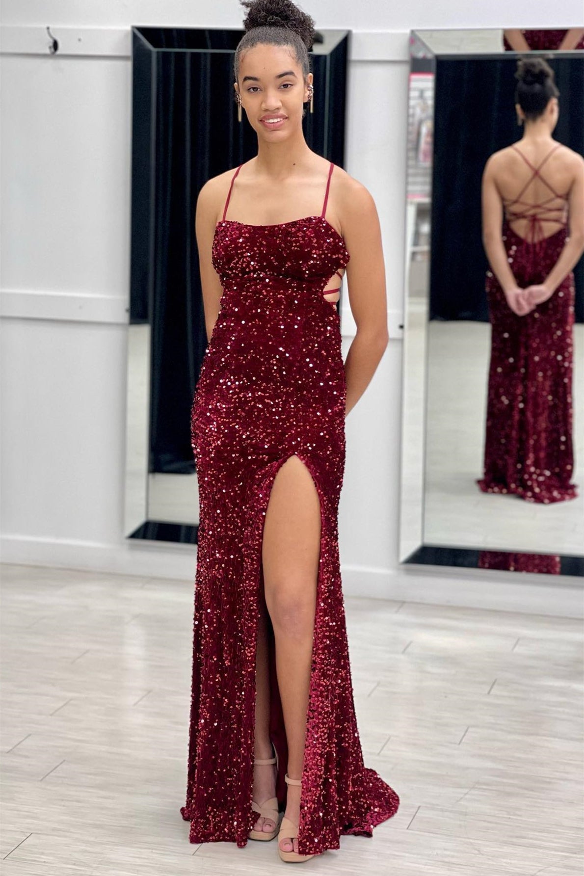 Burgundy Mermaid Sequin Long Prom Dresses with Slit – jkprom