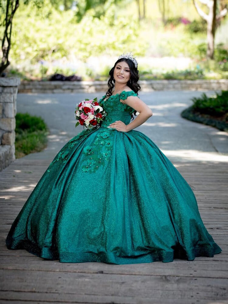 Green Sweet 16 Quinceanera Dress Sequined Sparkly Lace Pageant Party D