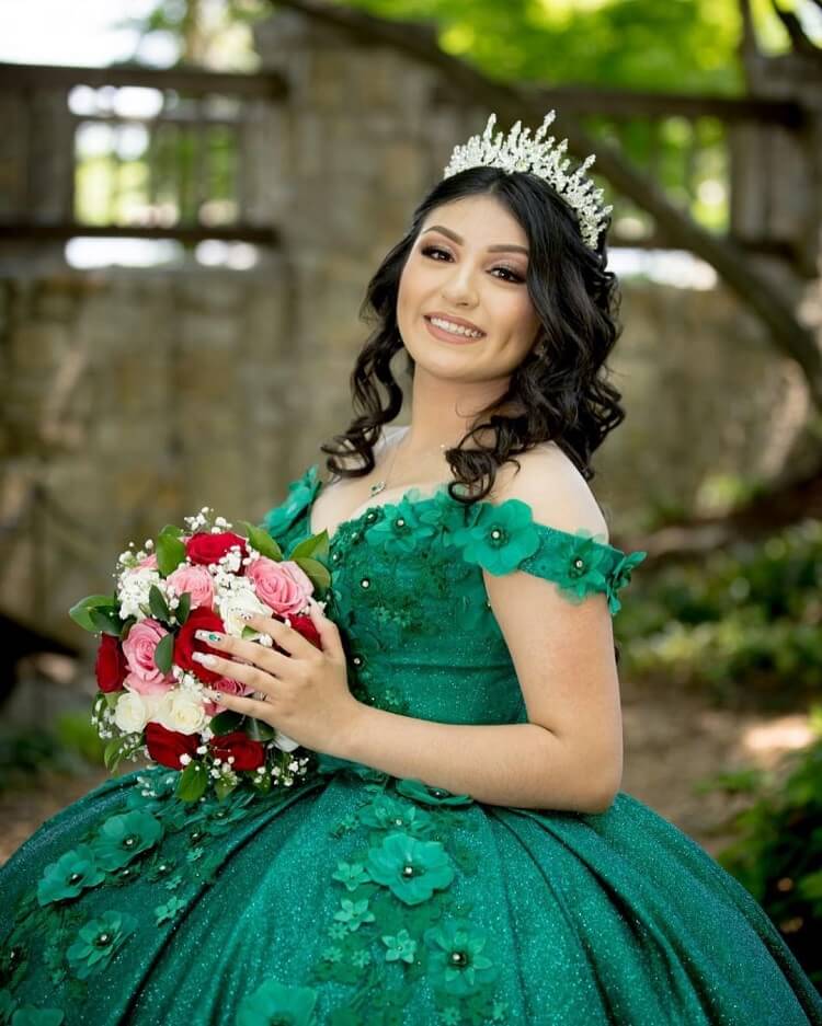 Green Sweet 16 Quinceanera Dress Sequined Sparkly Lace Pageant Party Dress Ball Gown Mexican Birthday Gown
