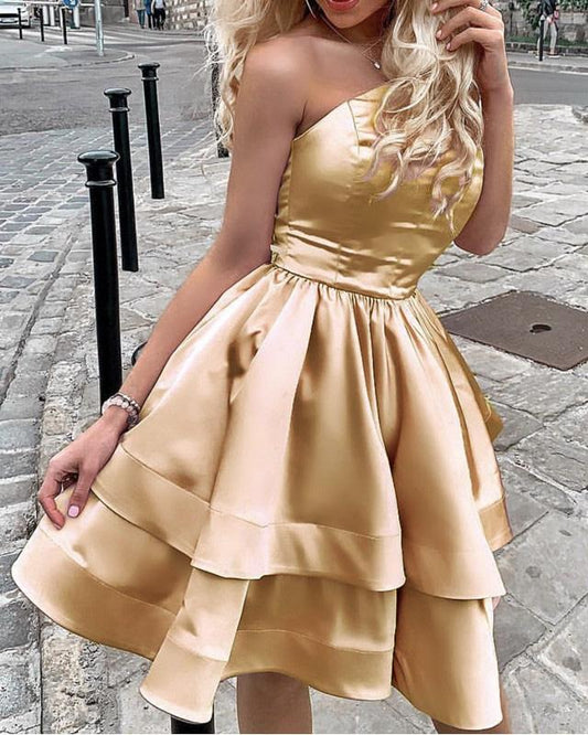 One Shoulder Homecoming Dresses Satin Ruffle Hem