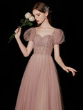 Pink tulle sequin long prom dress, pink tulle sweet 16 dress