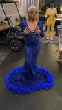 Sequined Mermaid Prom Dresses Royal Blue Sexy Party Gown with Feather