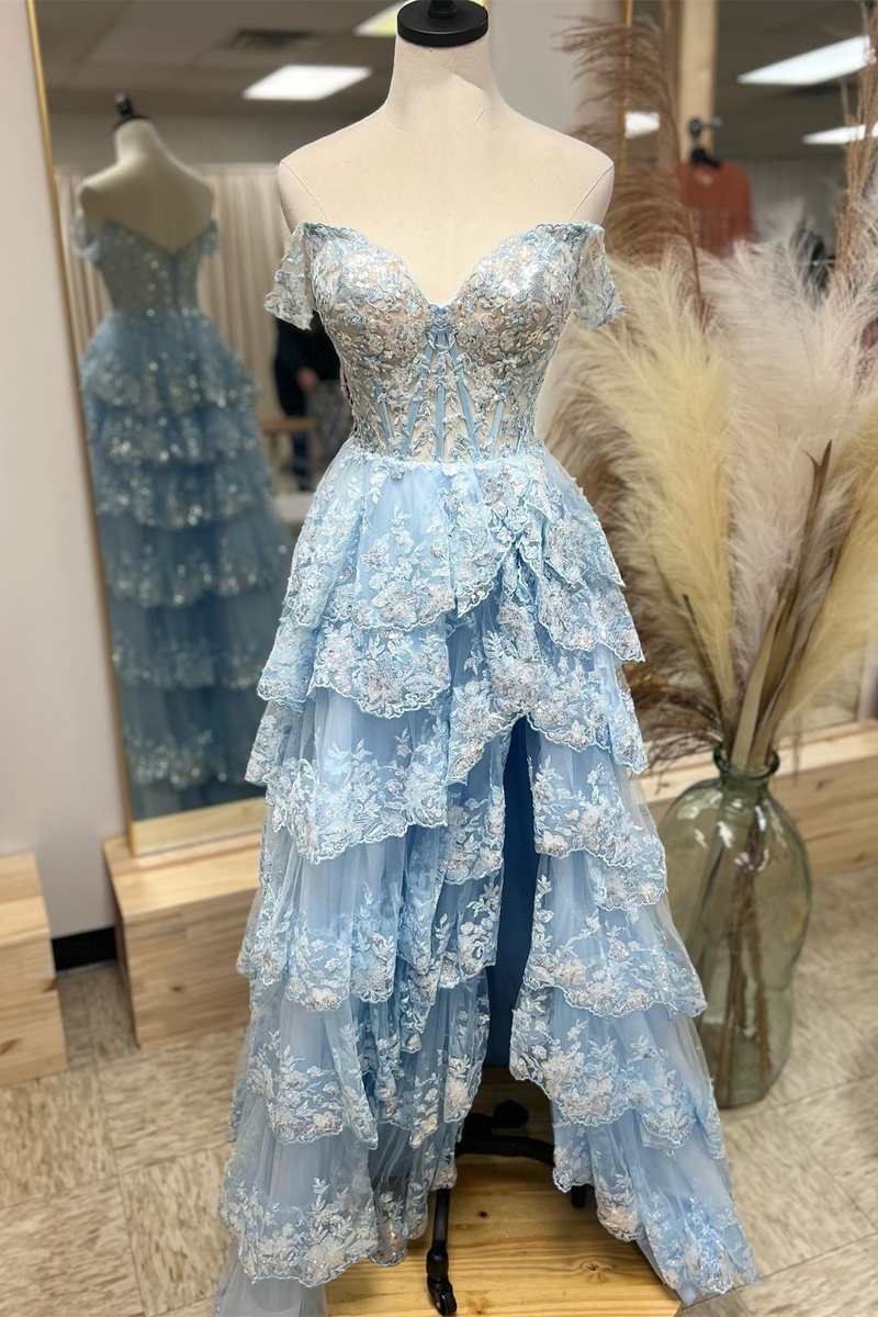 Light Blue Lace Sweetheart Tiered Long Prom Dress with Slit jkprom Light Blue Lace Sweetheart Tiered Long Prom Dress with Slit jkprom