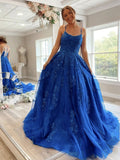 Blue round neck tulle lace long prom dress, blue lace evening dress