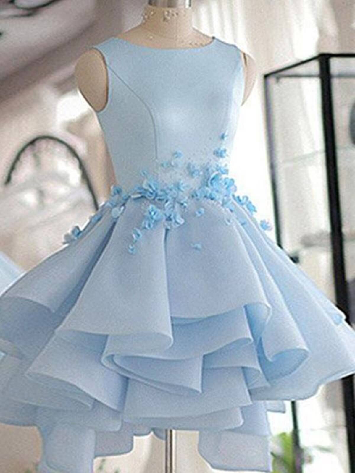 3D Flower Short Blue Prom Dresses, 3D Floral Short Blue Graduation Homecoming Dresses
