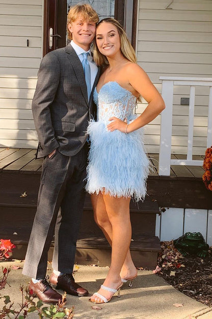 Bodycon Sweetheart Light Blue Short Homecoming Dress with Feathers jkprom Bodycon Sweetheart Light Blue Short Homecoming Dress with Feathers jkprom