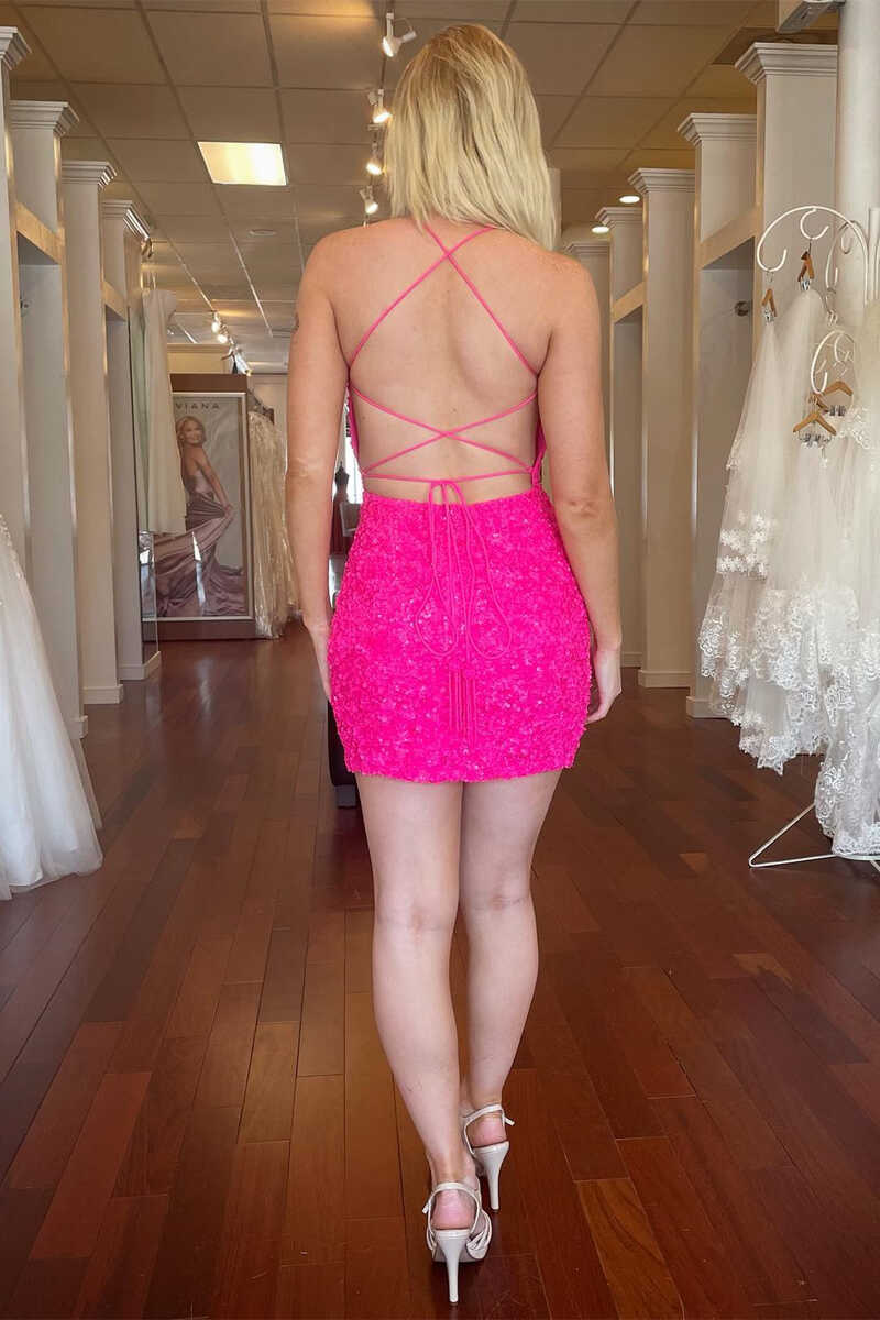 Spaghetti Straps Hot Pink Bodycon Mini Dress,Graduation Dresses