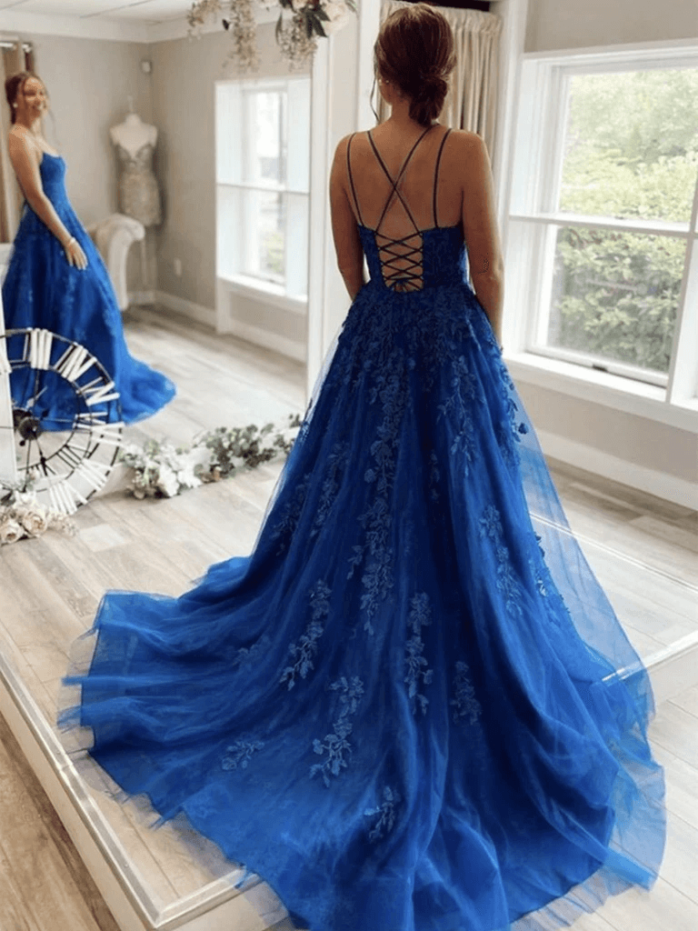 A Line Backless Blue Lace Long Prom Dresses, Blue Lace Backless Long Formal  Evening Dresses