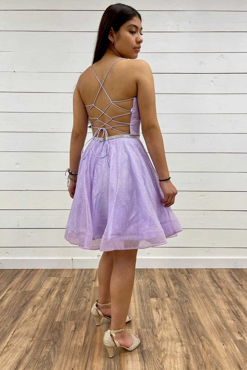 A-Line Lavender Plunge V Short Homecoming Dress Mini Cocktail Dresses