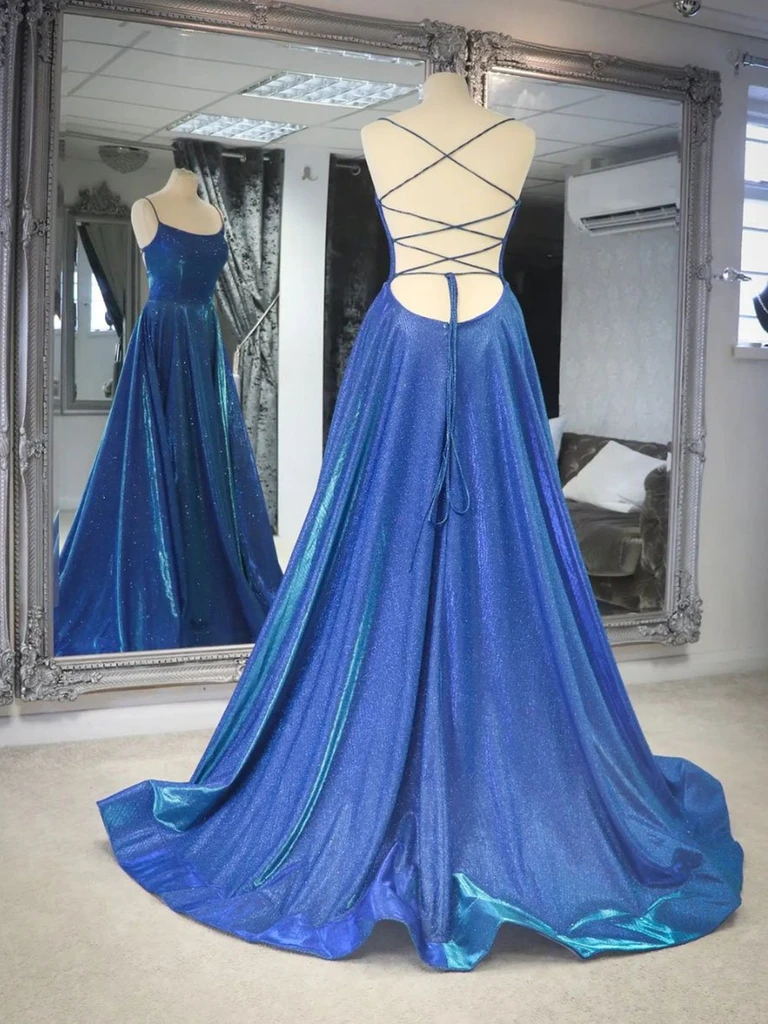 Simple Shiny Backless Blue Long Prom Dresses, A Line Blue Open Back Long Formal Evening Dresses