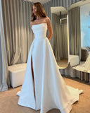 Beach White Satin Wedding Dresses Simple,Split Ivory Bridal Gowns with Train