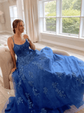 A Line Backless Blue Lace Long Prom Dresses, Blue Lace Backless Long Formal  Evening Dresses