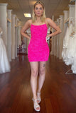 Spaghetti Straps Hot Pink Bodycon Mini Dress,Graduation Dresses