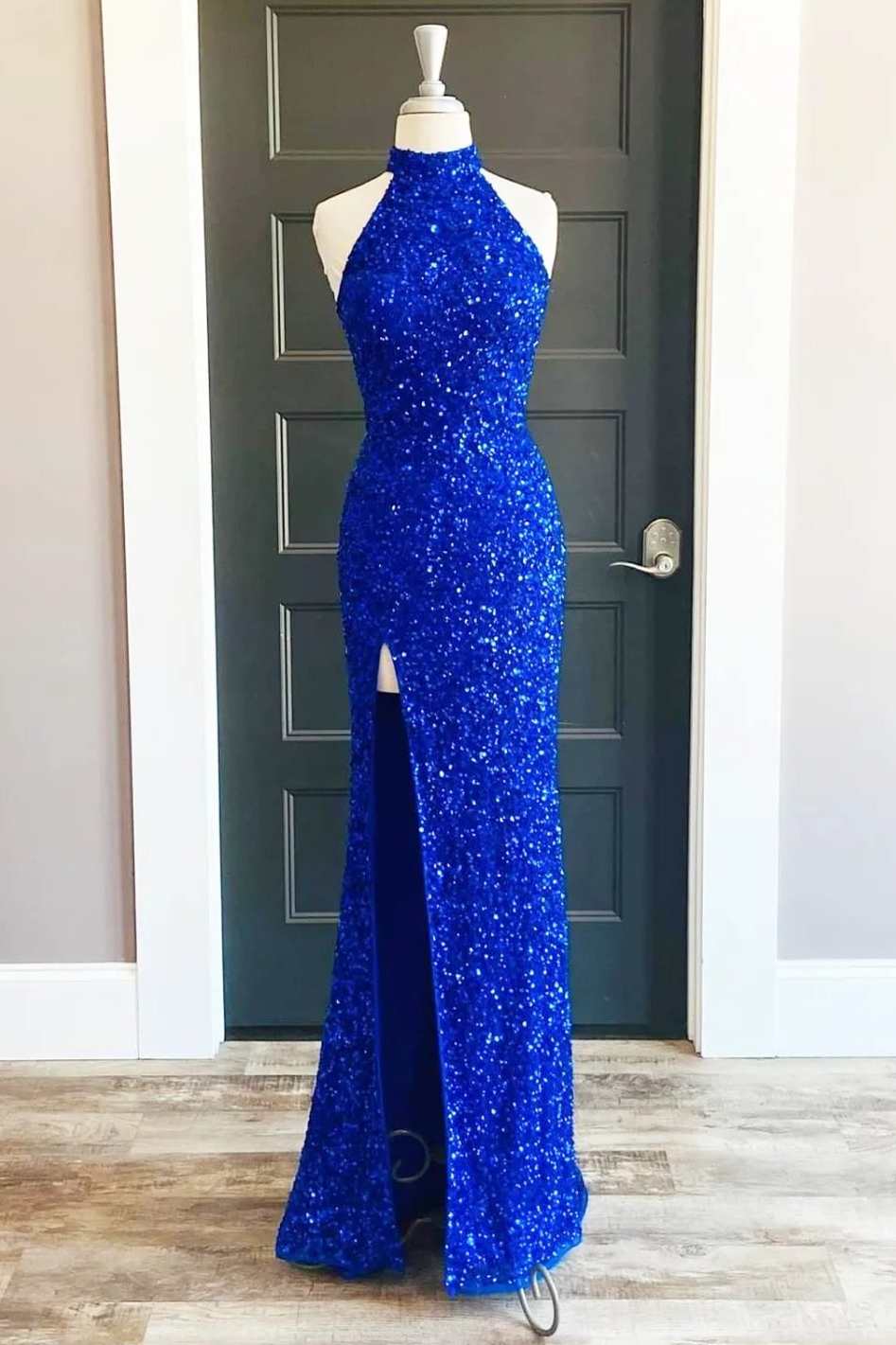 Royal Blue Sequin Halter Long Formal Dress with Slit Prom Dresses
