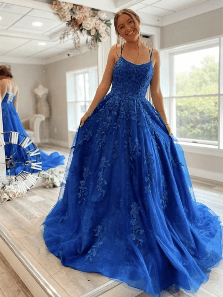 A Line Backless Blue Lace Long Prom Dresses, Blue Lace Backless Long Formal  Evening Dresses