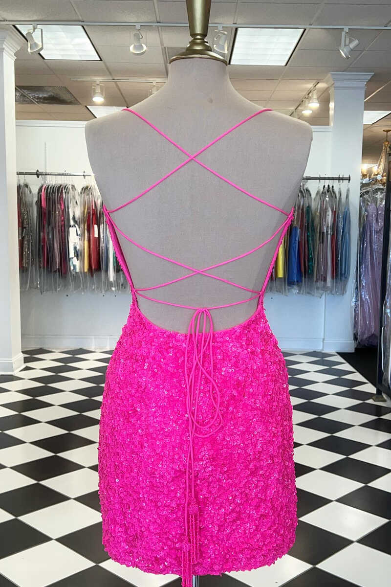Spaghetti Straps Hot Pink Bodycon Mini Dress Graduation jkprom Spaghetti Straps Hot Pink Bodycon Mini Dress Graduation jkprom