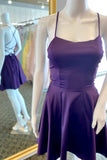 A-Line Purple Lace-Up Short Satin Homecoming Dresses