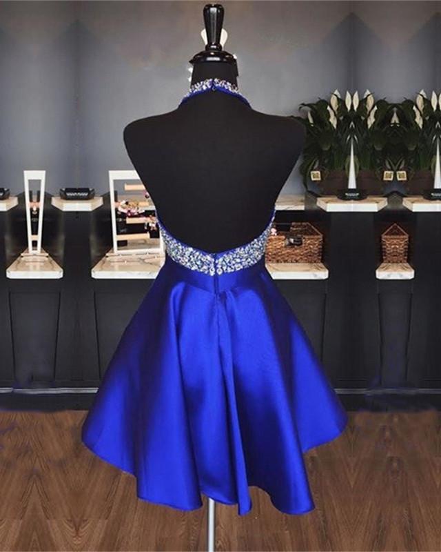 A Line Halter Satin Prom Dresses with Beadings LBQ1363 main image 1