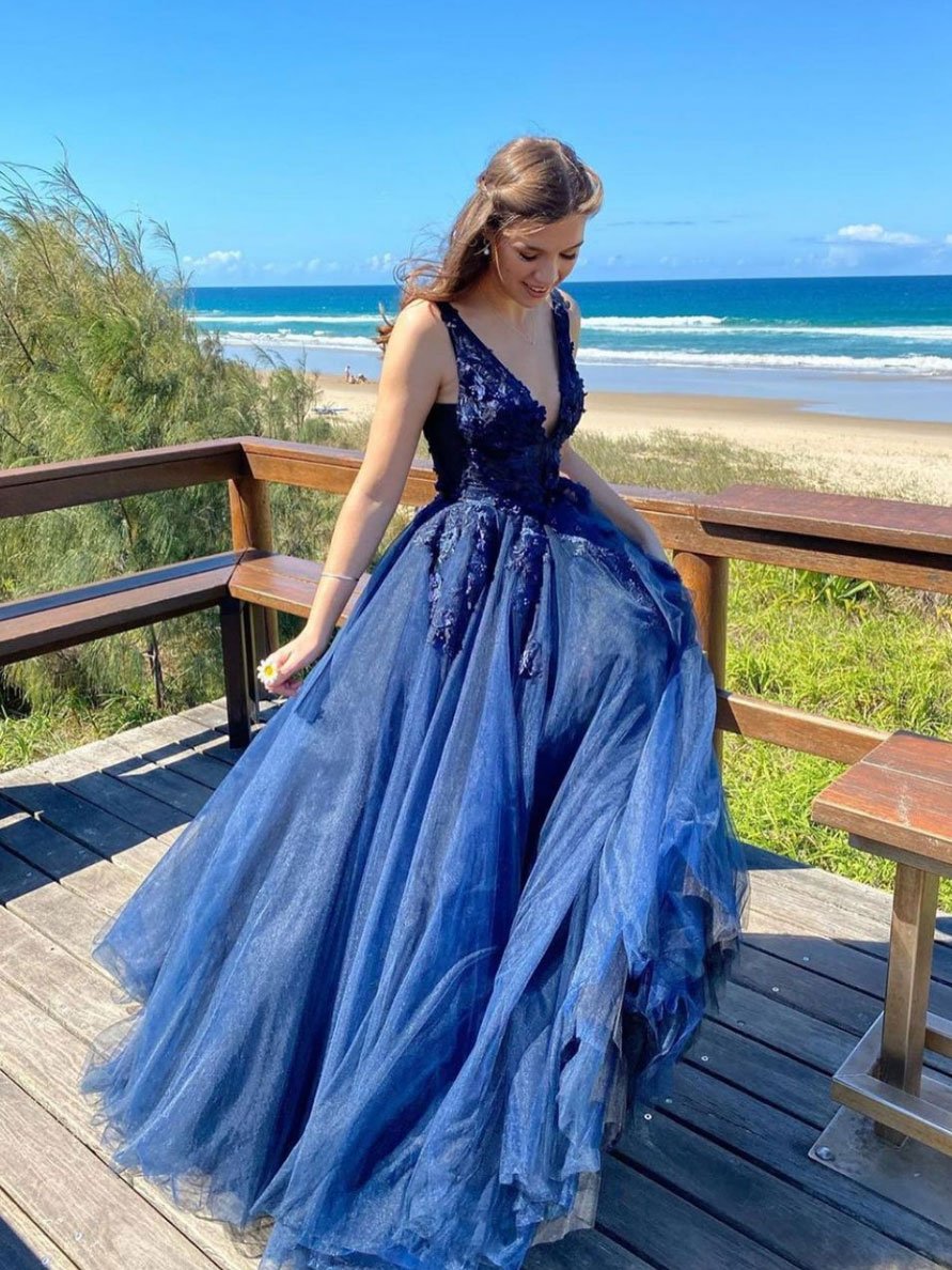 Dark blue v neck lace applique long prom dress lace evening dress