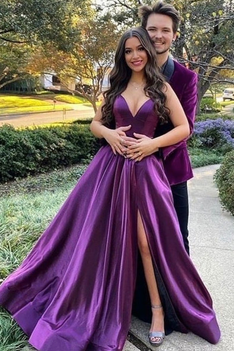 Simple purple v neck satin long prom dress purple formal dress