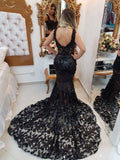 Black v neck lace mermaid long prom dress, black evening dresses