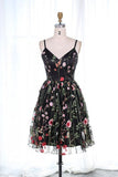 Cute Straps Embroidered Black Floral Homecoming Dress