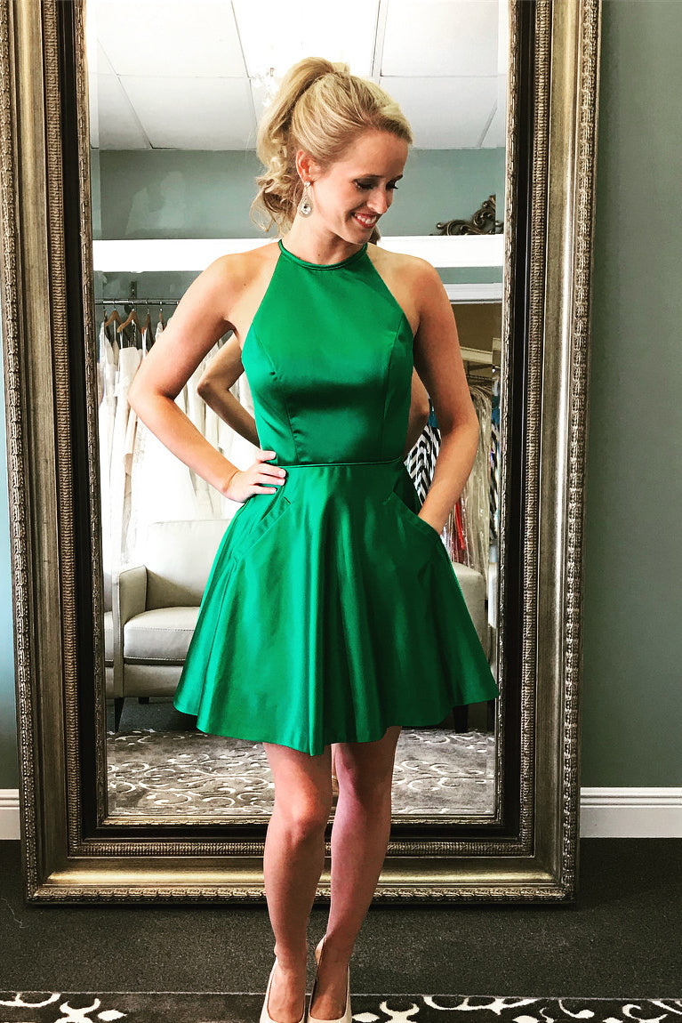 A-line Green Short Homecoming Dress with Beaded Back