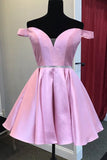 Beaded Waist Off the Shoulder Pink Homecoming Dresses,Cocktail Dresses Parties