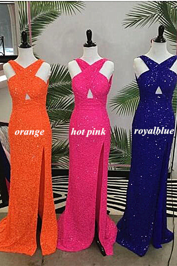 Fitted Criss Coss Neck Orange Prom Dress with Slit,Formal Dress with Sequins