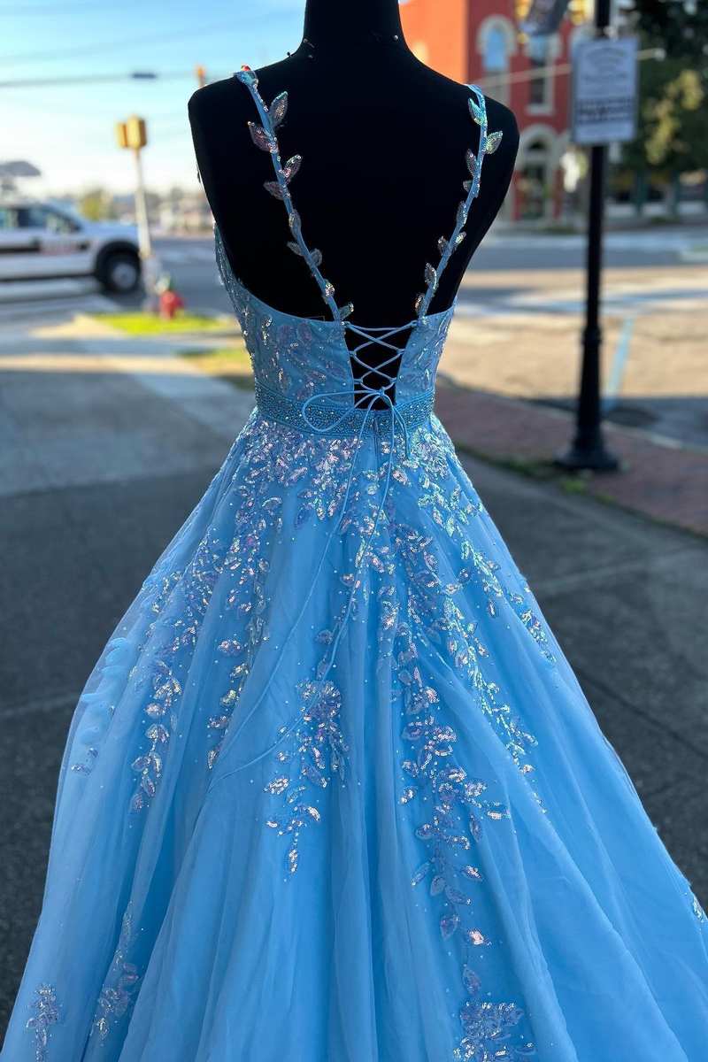 Light Blue Appliques V-Neck Belted A-Line Prom Dress  jkprom