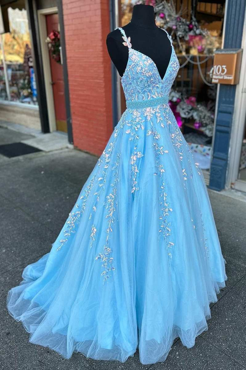 Light Blue Appliques V-Neck Belted A-Line Prom Dress jkprom Light Blue Appliques V-Neck Belted A-Line Prom Dress jkprom