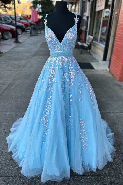 Light Blue Appliques V-Neck Belted A-Line Prom Dress – jkprom