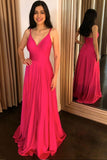 Simple Fuchsia Satin Long Prom Dress,Formal Dresses A-line V-neck Formal Gown