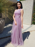 Simple purple tulle one shoulder long prom dress, purple evening dress