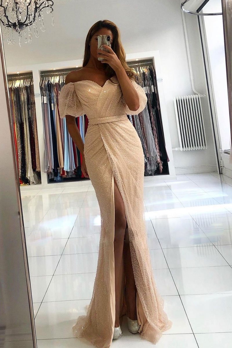 Champagne off shoulder tulle mermaid long prom dress tulle evening dress