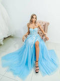 Blue sweetheart neck tulle lace long prom dress, blue evening dress