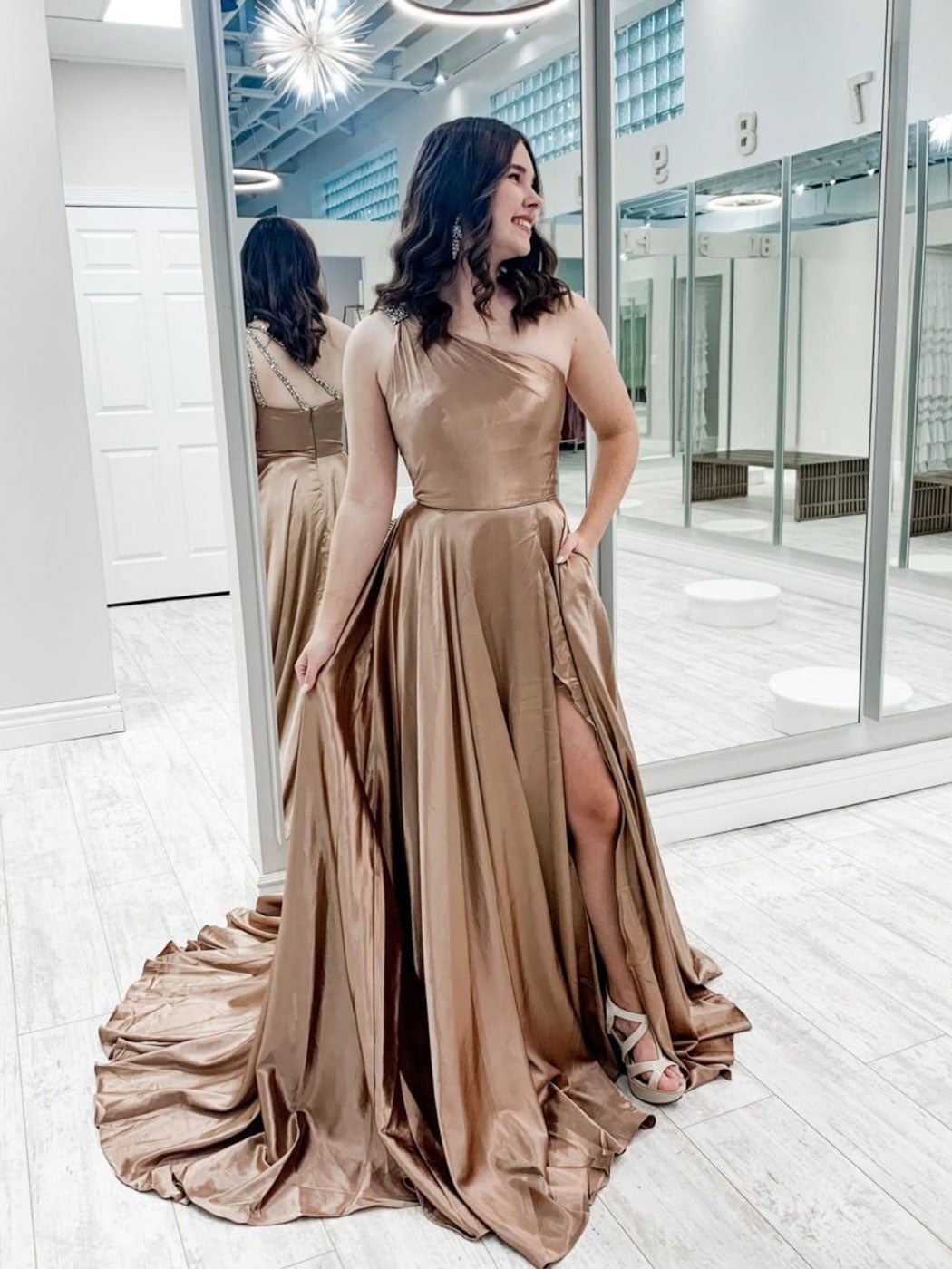 Simple one shoulder satin long prom dress, champagne evening dress