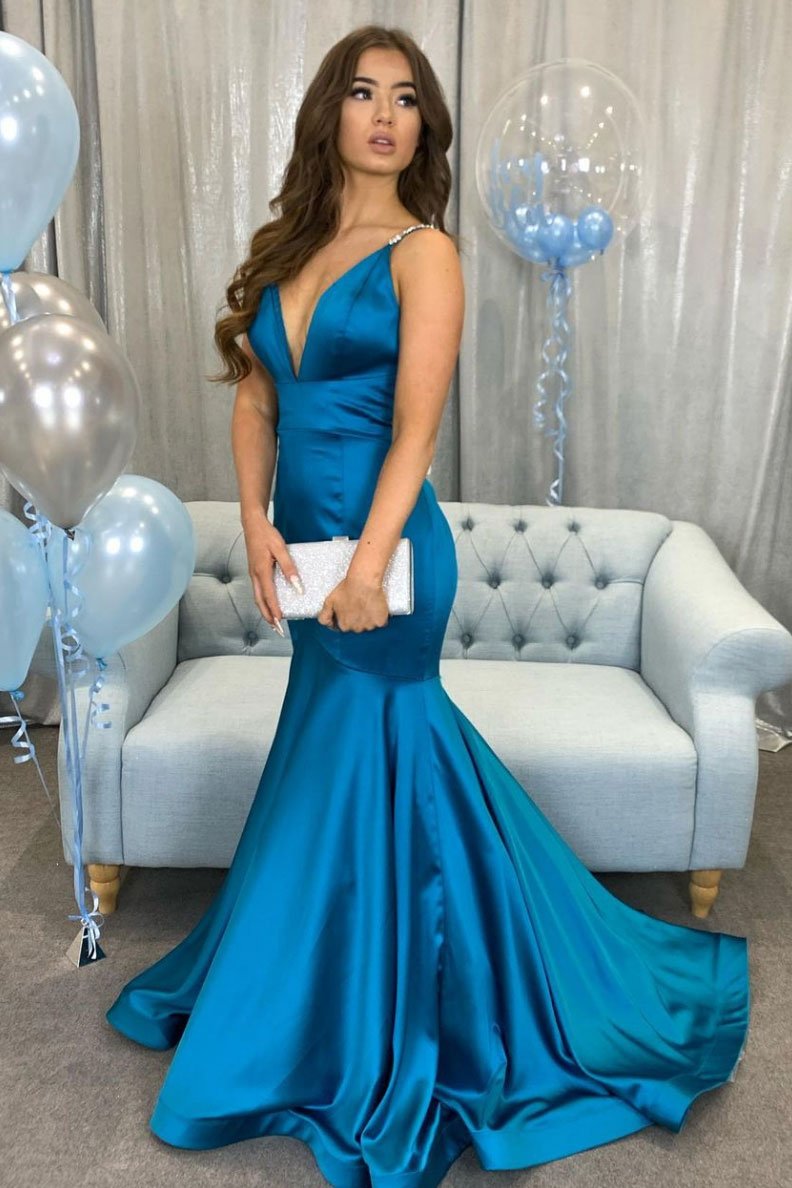 Simple v neck Peacock blue satin long prom dress blue evening dress