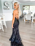 Black lace mermaid long prom dress, black lace evening dress