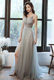 Gray v neck tulle beads long prom dress beads tulle evening dress