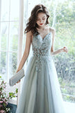 Gray v neck tulle beads long prom dress beads tulle evening dress