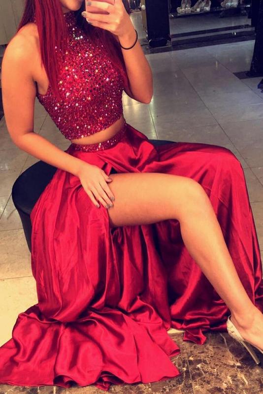 Two Piece Prom Dresses High Neck Beading Evening Dress With Slit
