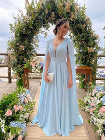 Full Skit Chiffon Bridesmaid Dress with Y Neck Ink Blue