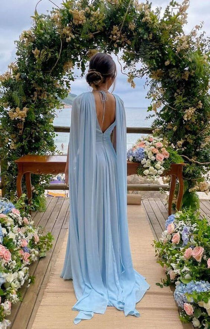 Sky Blue Chiffon A Line Bridesmaid Dresses With Streamer jkprom Sky Blue Chiffon A Line Bridesmaid Dresses With Streamer jkprom