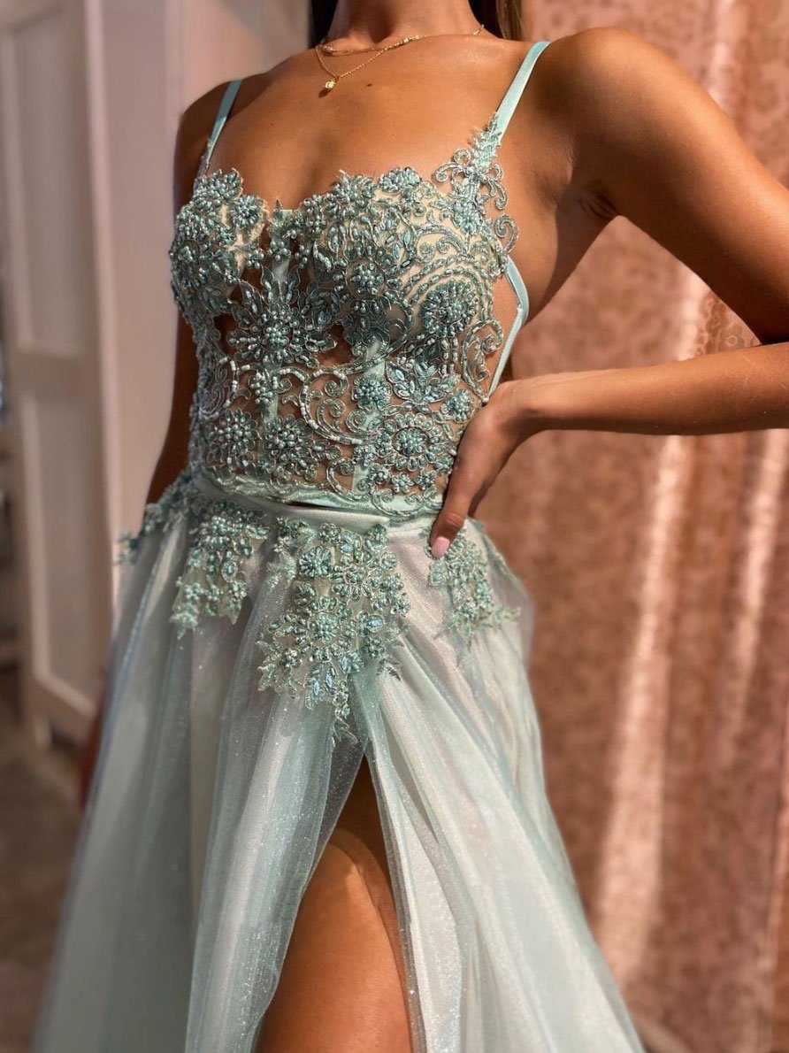 Green sweetheart tulle lace long prom dress, sexy side slit green evening dress