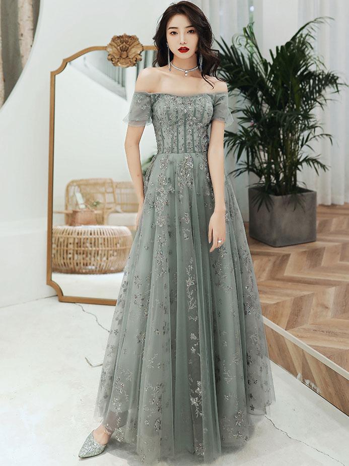Gray tulle lace long prom dress, gray tulle long evening dress