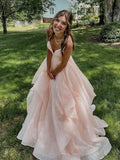Pink V Neck Tulle Long Prom Dress,Sparkly Formal Dresses with Back Open