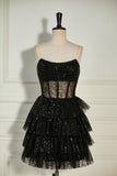 Black Sequined Strapless Multi-Layers Tulle Cocktail Dress