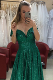 Off Shoulder Bling Bling Green Sequins Long Prom Dresses, Off the Shoulder Green Formal Dresses, Shiny Green Evening Dresses