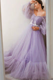Lilac Long Prom Dresses,A-Line Tulle Gala Dress Formal Evening